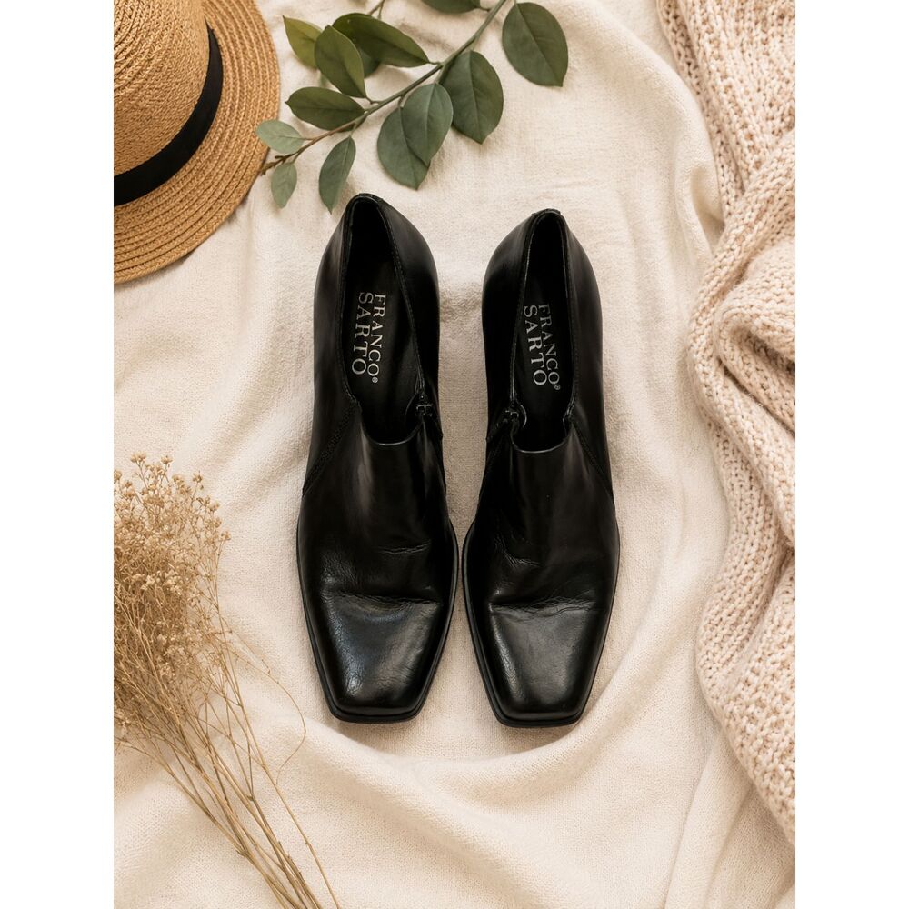 Franco Sarto Black Leather Ankle Booties Women's Size 6M Square Toe Side Zip